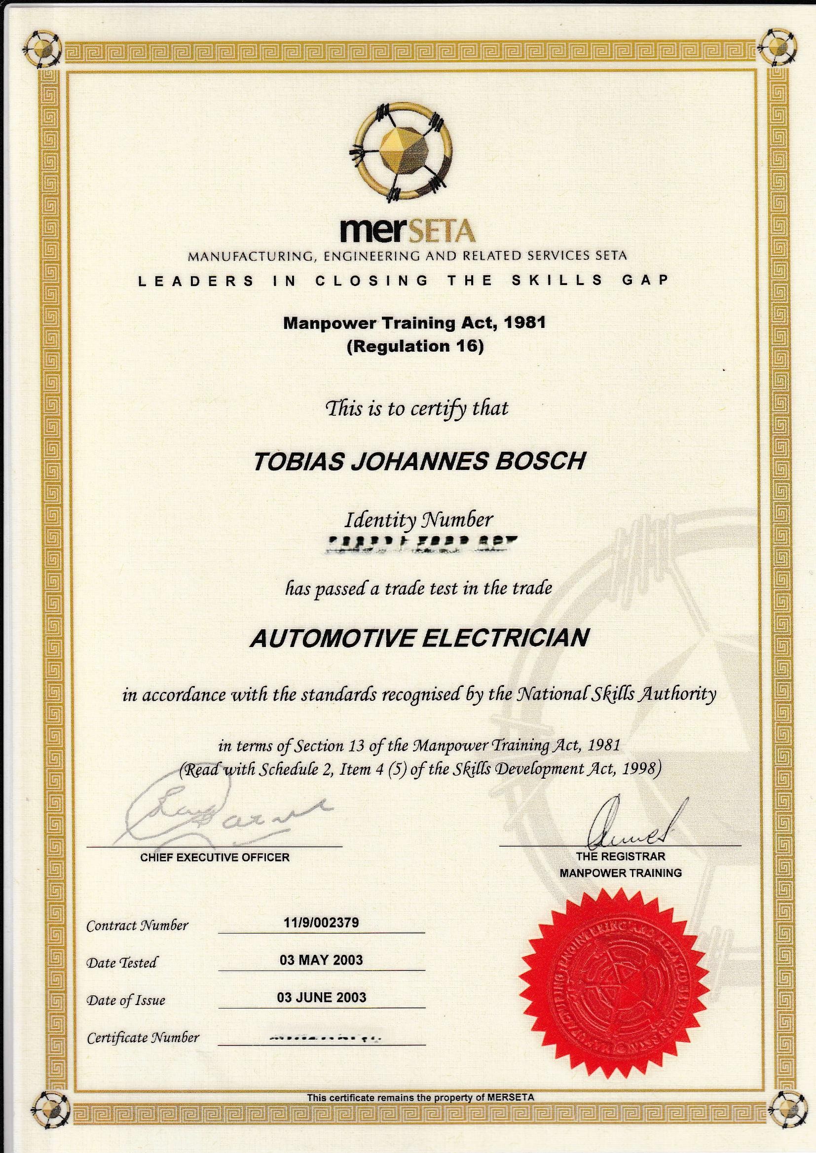 Tobie Trade test certificate Tobie Trade test certificate